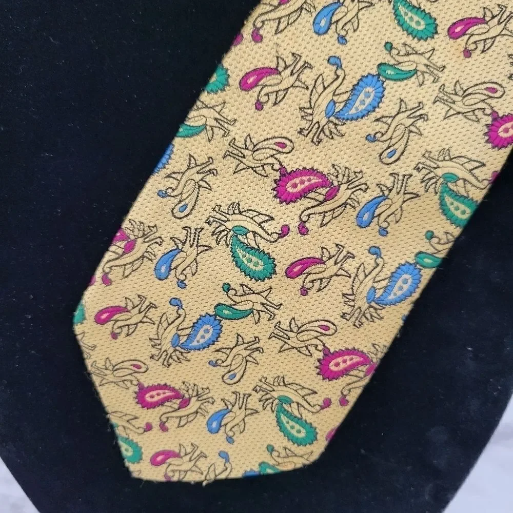 Necktie Partridge Paisley Print Gold Men's Vintage Tie 70s